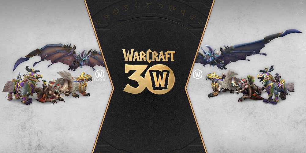 A gold 'Warcraft 30' logo on a dark background, flanked left and right by angled panels of pale grey. On the left are four WoW mounts, which are mirrored on the right by very similar mounts for WoW Classic. The mounts are a night elf themed pale hippogryph with purple armour, a wind rider in reddish Horde armour, a pale gryphon in Alliance armour, and flying overhead a steel blue bat in metallic Horde armour.